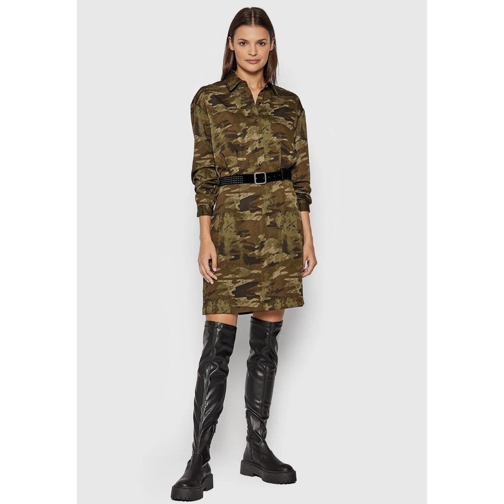 Guess Women’s Dominique Shirt Dress Long Sleeves Green Camo With Belt Size XS